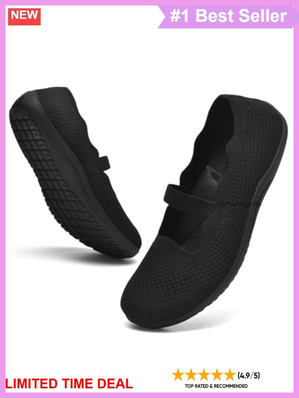 Wide Toe Box Mary Jane Flats Knit Elastic Strap Walking Shoes